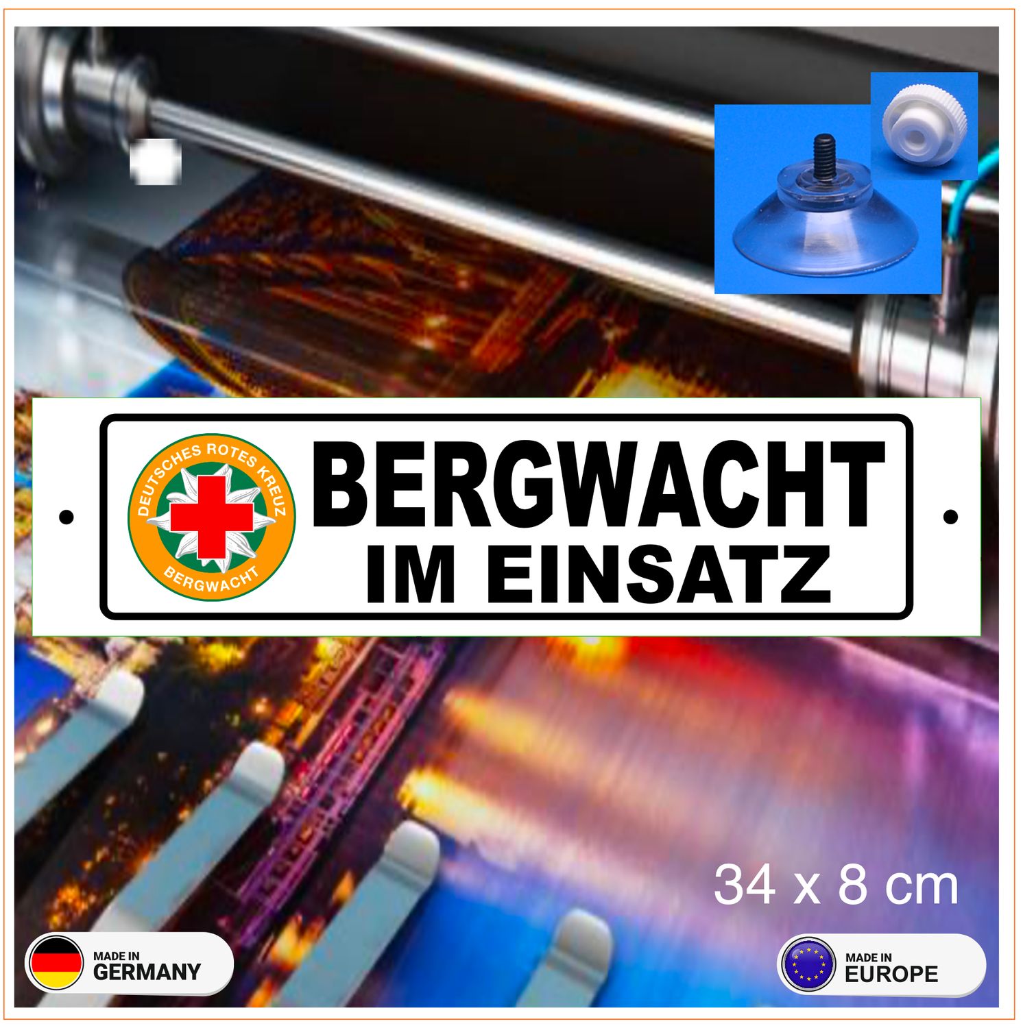 Bergwacht Deutschland Schild mit Saugnapf Rechteckig-  ca.34x8 cm