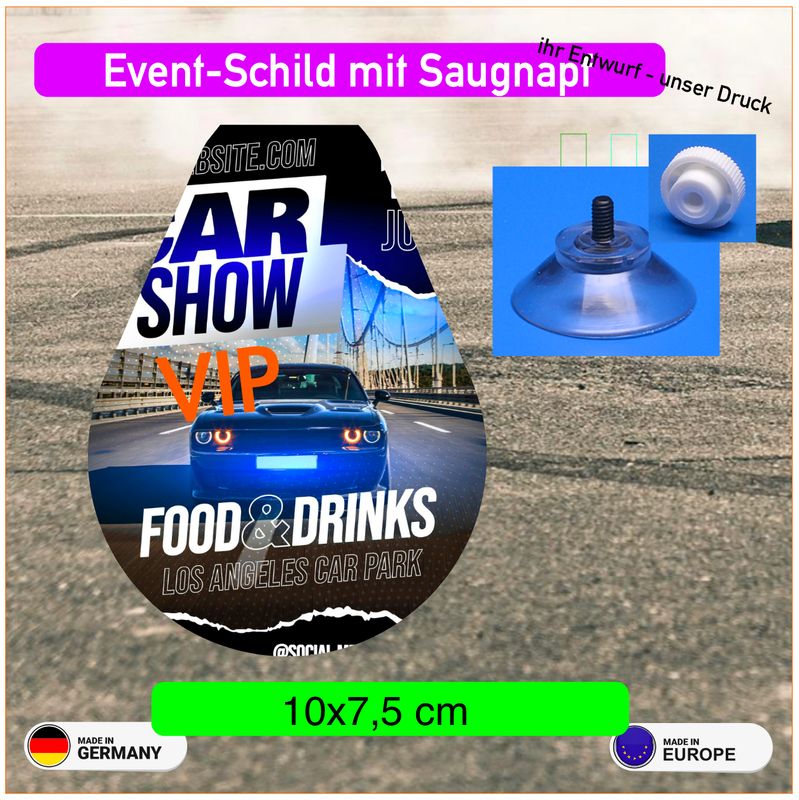 Event Schild mit Saugnapf 10x7,5 cm Event Schild mit Saugnapf 10x7,5 cm