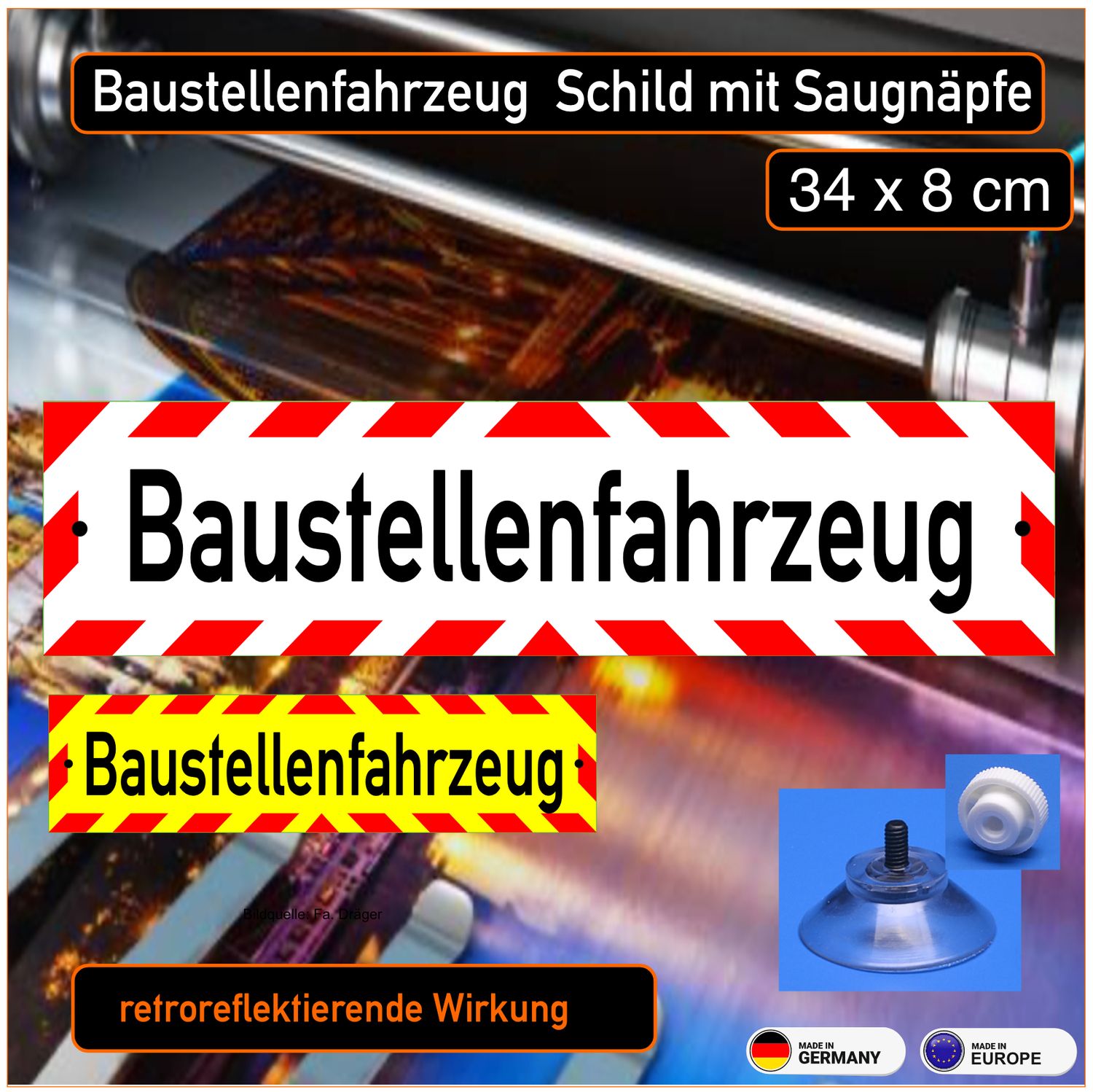 Baustellenfahrzeug - Schild mit Saugnapf, 34x8 cm