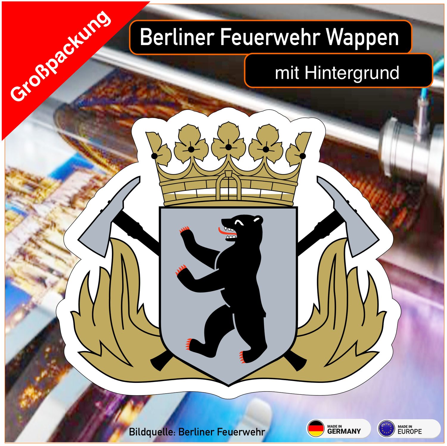 Berliner Feuerwehr Wappen - Aufkleber mit Hintergrund, 8x6 cm Berliner Feuerwehr Wappen - Aufkleber mit Hintergrund, 8x6 cm