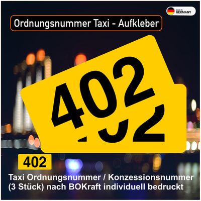 Taxi Ordnungsnummer / Konzessionsnummer (3 Stück) nach BOKraft individuell bedruckt Premiumqualität - Aufkleber