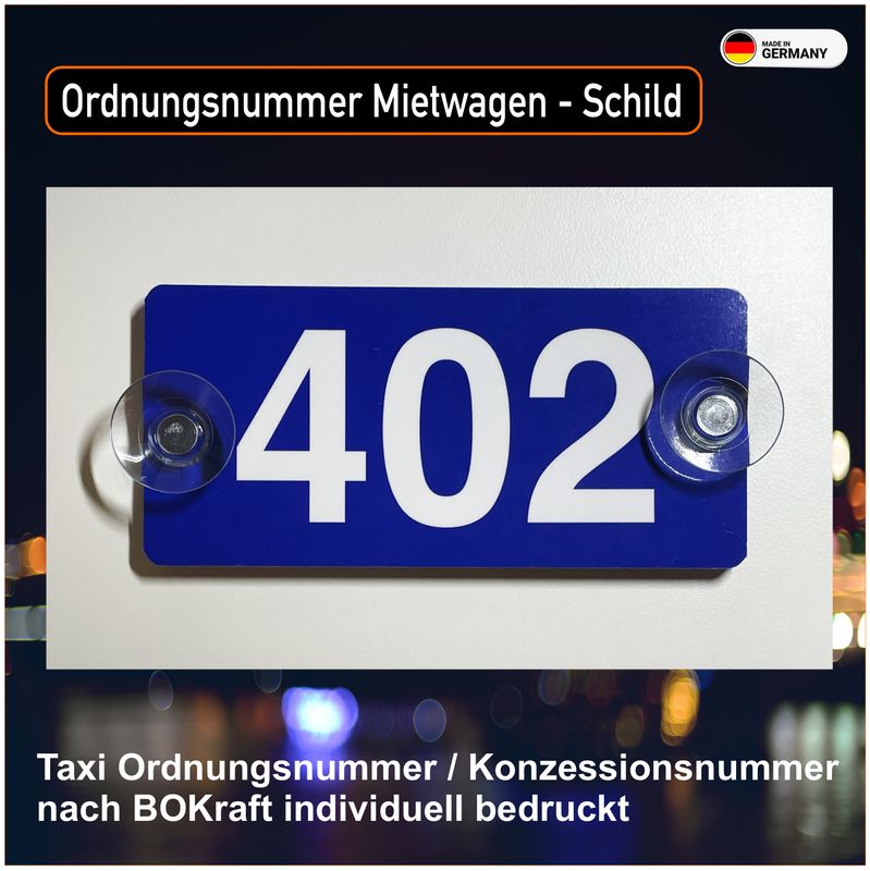 Mietwagen Ordnungsnummer / Konzessionsnummer nach BOKraft individuell bedruckt Premiumqualität, Aluminiumschild mit Saugnapf
