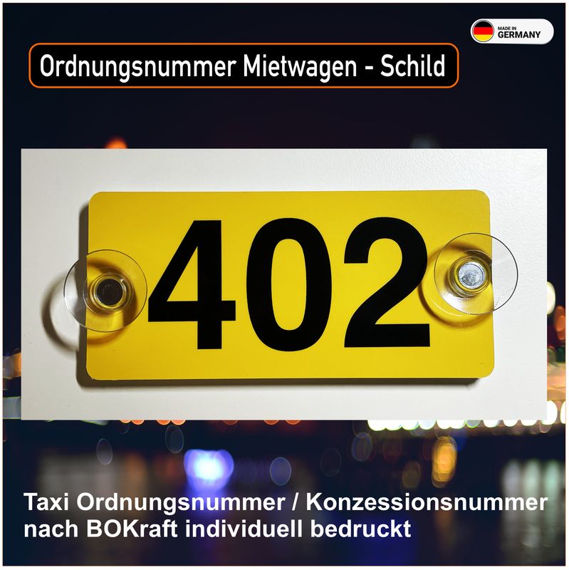 Taxi Ordnungsnummer / Konzessionsnummer nach BOKraft individuell bedruckt Premiumqualität, Aluminiumschild mit Saugnapf