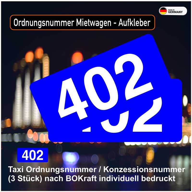 Mietwagen Ordnungsnummer / Konzessionsnummer (3 Stück) nach BOKraft individuell bedruckt Premiumqualität - Aufkleber