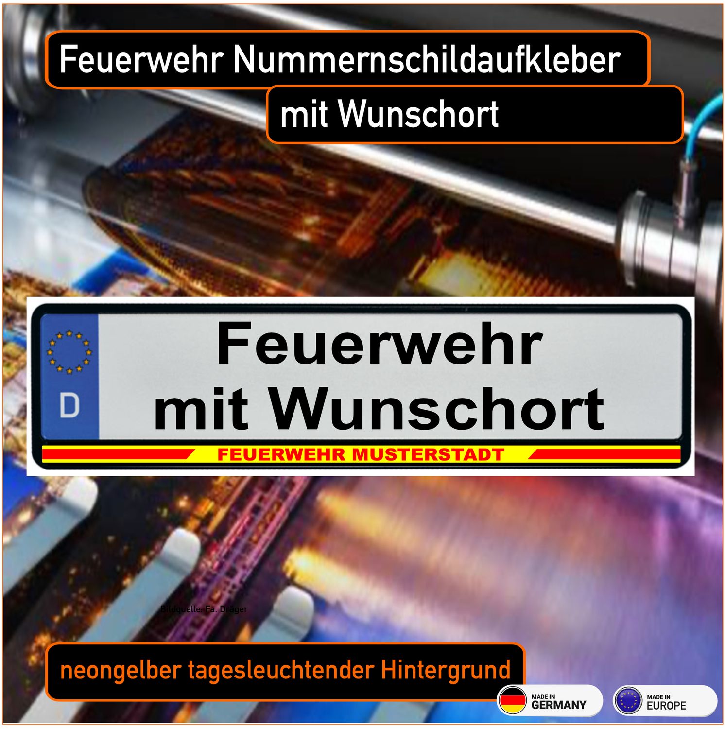 Feuerwehr mit Wunschort Nummernschild, gelb fluoreszierender Aufkleber (VE 10 Stück)