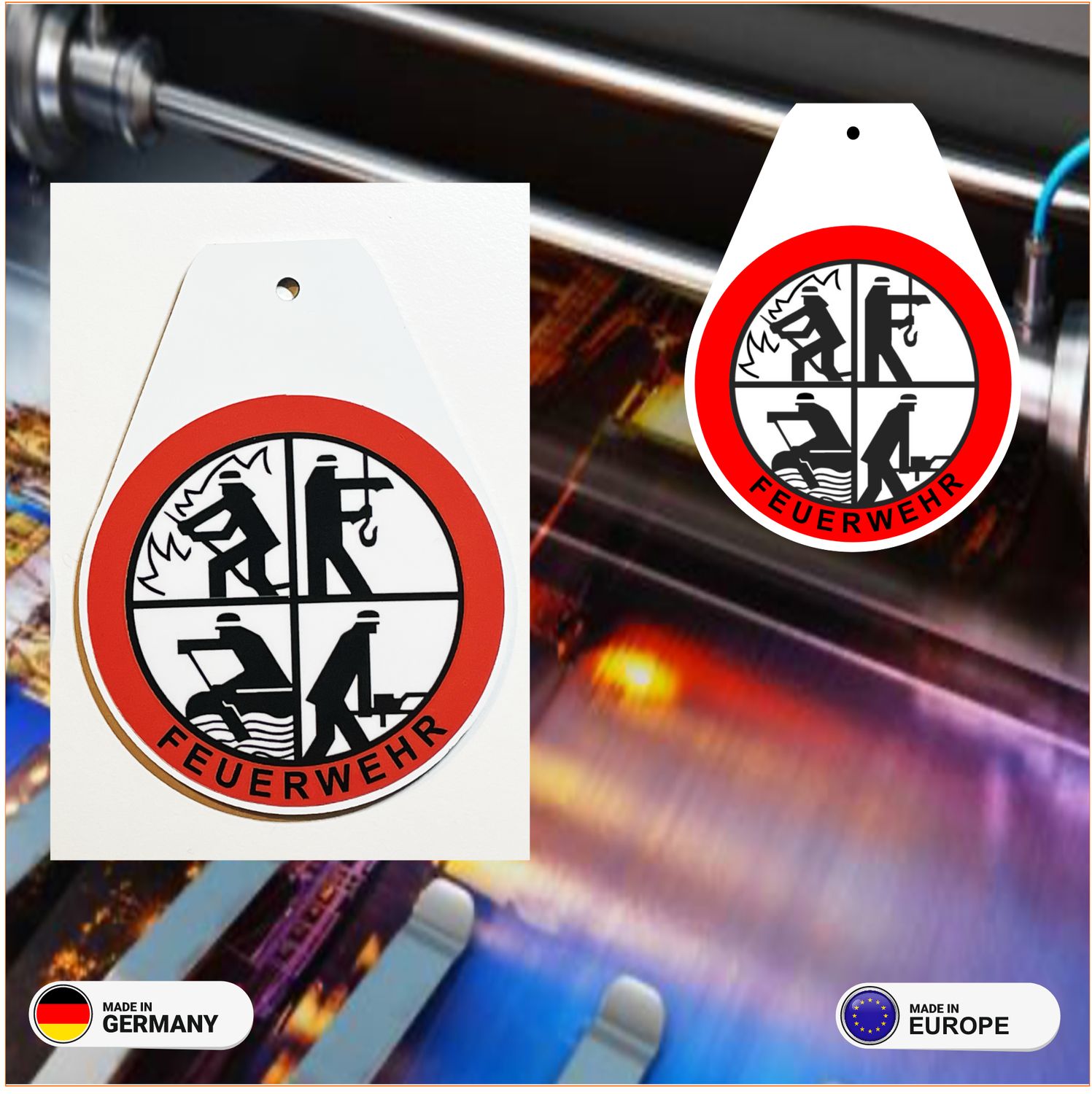 Feuerwehr Schild „Tropfenform“ mit Saugnapf, Material: weiße Folie