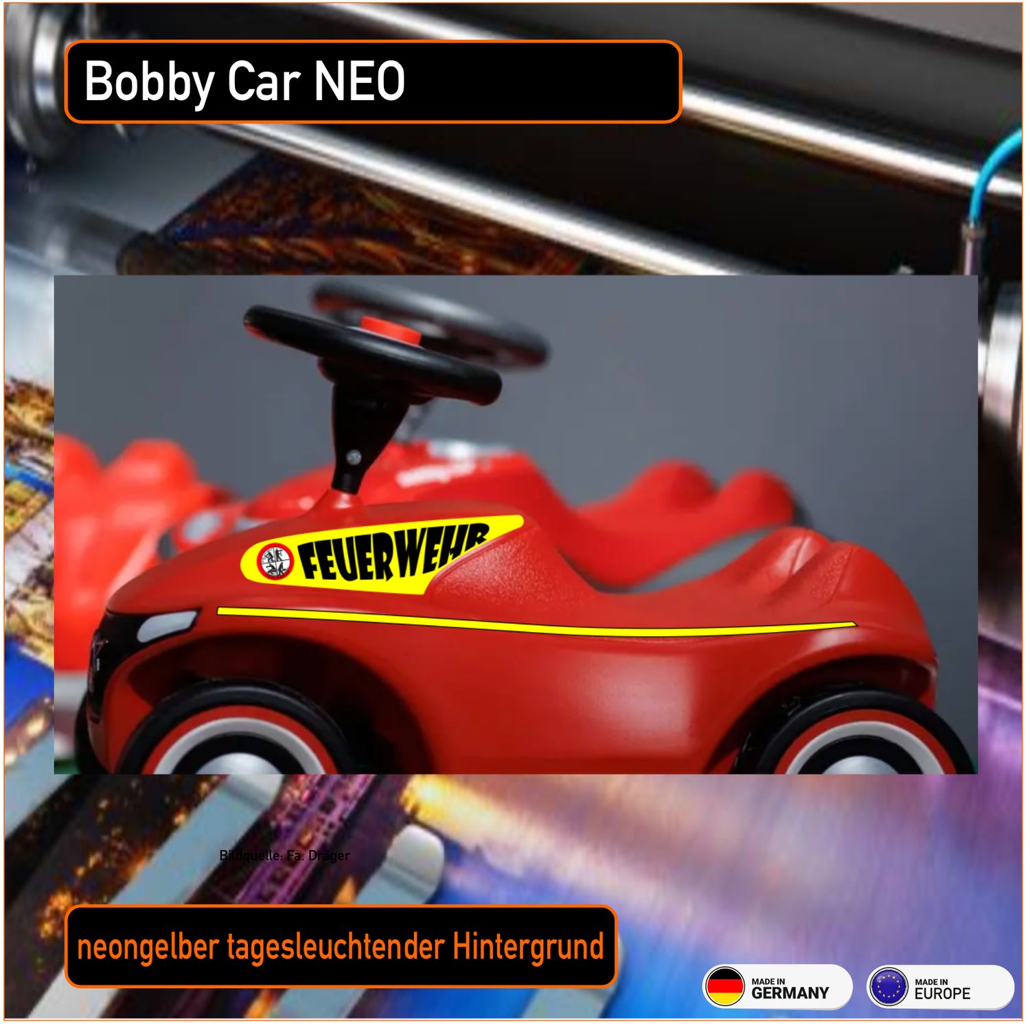 Feuerwehr Bobby Car NEO , Aufkleber, neongelb tagesleuchtend flourezierend