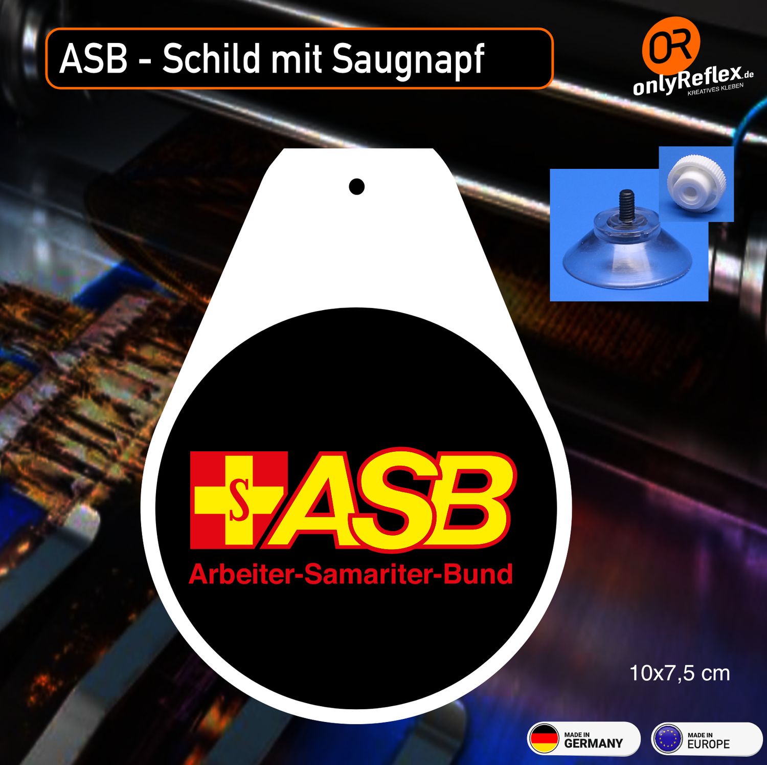 Schild „Wappen“  Arbeiter Samariter Bund (ASB) 10x7 cm mit Saugnapf