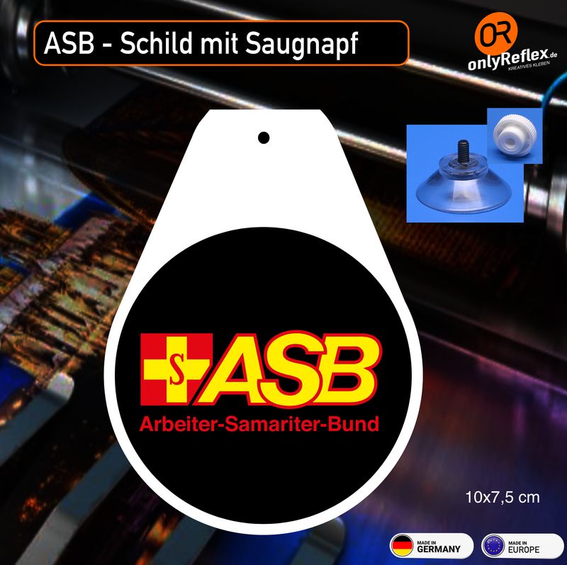 Schild „Wappen“  Arbeiter Samariter Bund (ASB) 10x7 cm mit Saugnapf