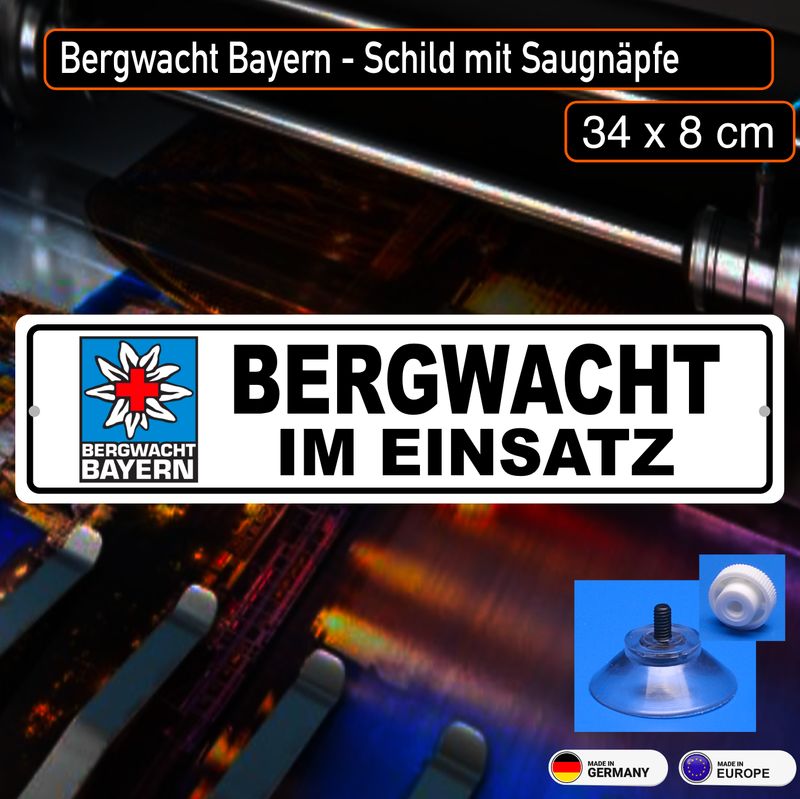 Bergwacht Bayern Schild mit Saugnapf Rechteckig-  ca.34x8 cm