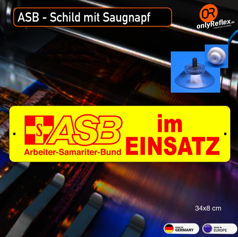 ASB im Einsatz - Schild mit Saugnapf, 34x8 cm ASB im Einsatz - Schild mit Saugnapf, 34x8 cm