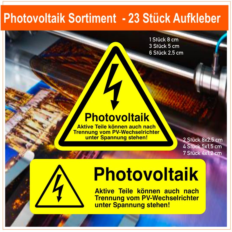 Photovoltaik  Warnaufkleber Sortiment - 23 Stück Aufkleber