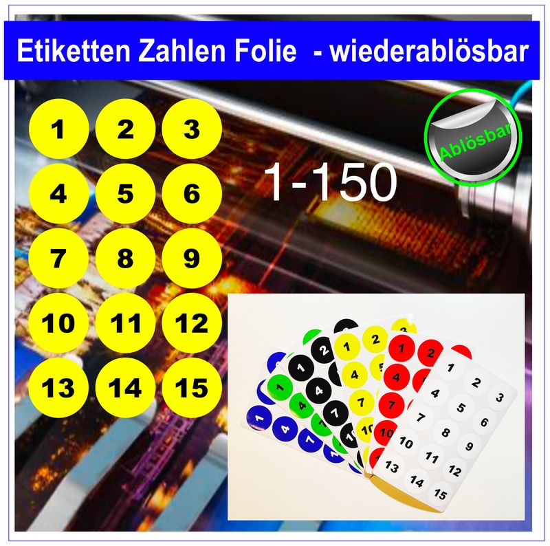 1-150 fortlaufende Nummer Etiketten Rund - Folie wiederablösbar 1-150 fortlaufende Nummer Etiketten Rund - Folie wiederablösbar