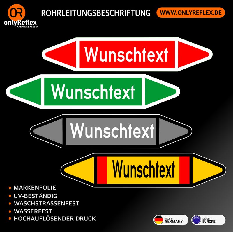 Rohrleitung Beschriftung Wunschtext (VE 10 Stück) Rohrleitung Beschriftung Wunschtext (VE 10 Stück)