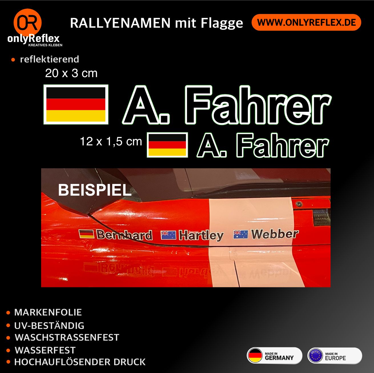 Beschriftung Name mit Wappen, 1-zeilig, Aufkleber (4 Stück) - Motorsport Beschriftung Name mit Wappen, 1-zeilig, Aufkleber (4 Stück) - Motorsport