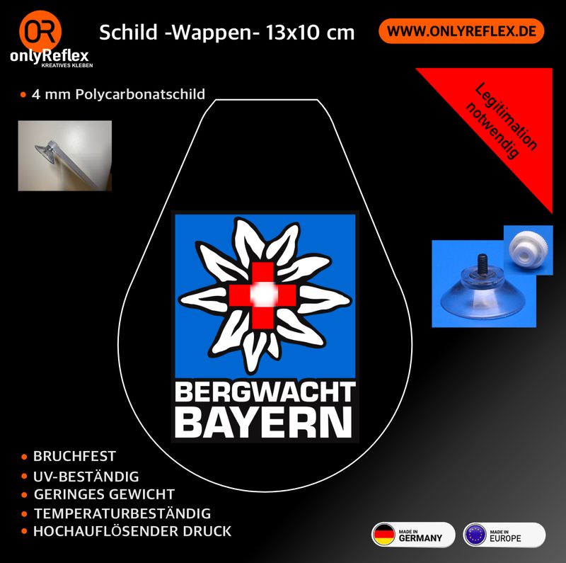 Schild „Wappen“ Bergwacht Bayern - 13x10 cm mit Saugnapf