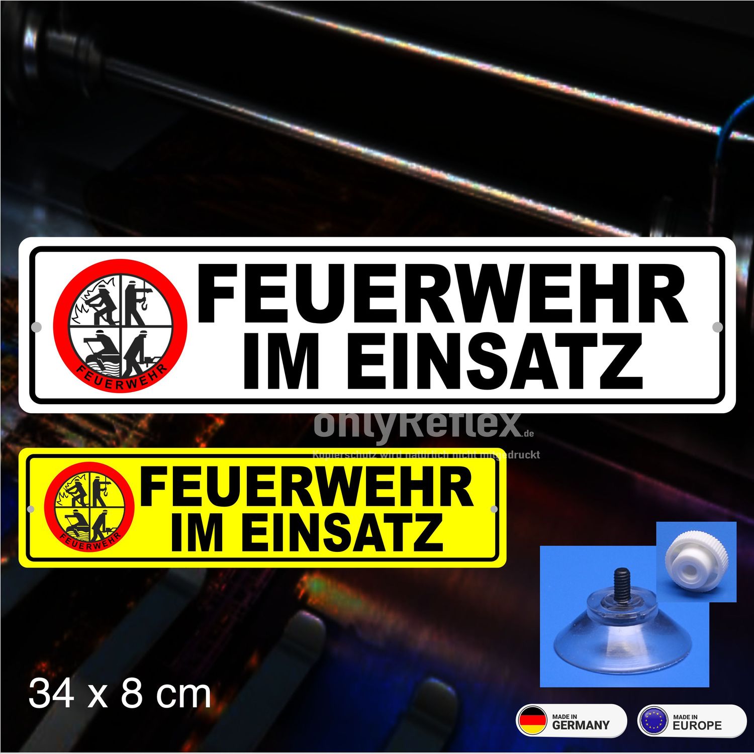 Feuerwehr im Einsatz DFV Logo - Schild mit Saugnapf 34x8 cm Feuerwehr im Einsatz DFV Logo - Schild mit Saugnapf 34x8 cm