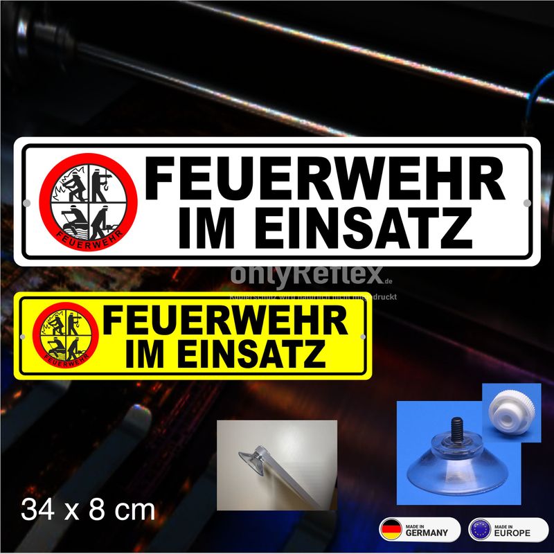 Feuerwehr im Einsatz DFV Logo - Schild mit Saugnapf 34x8 cm Feuerwehr im Einsatz DFV Logo - Schild mit Saugnapf 34x8 cm