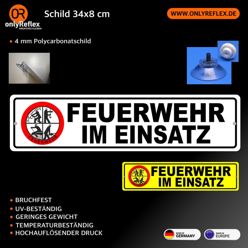 Feuerwehr im Einsatz DFV Logo - Schild mit Saugnapf 34x8 cm Feuerwehr im Einsatz DFV Logo - Schild mit Saugnapf 34x8 cm