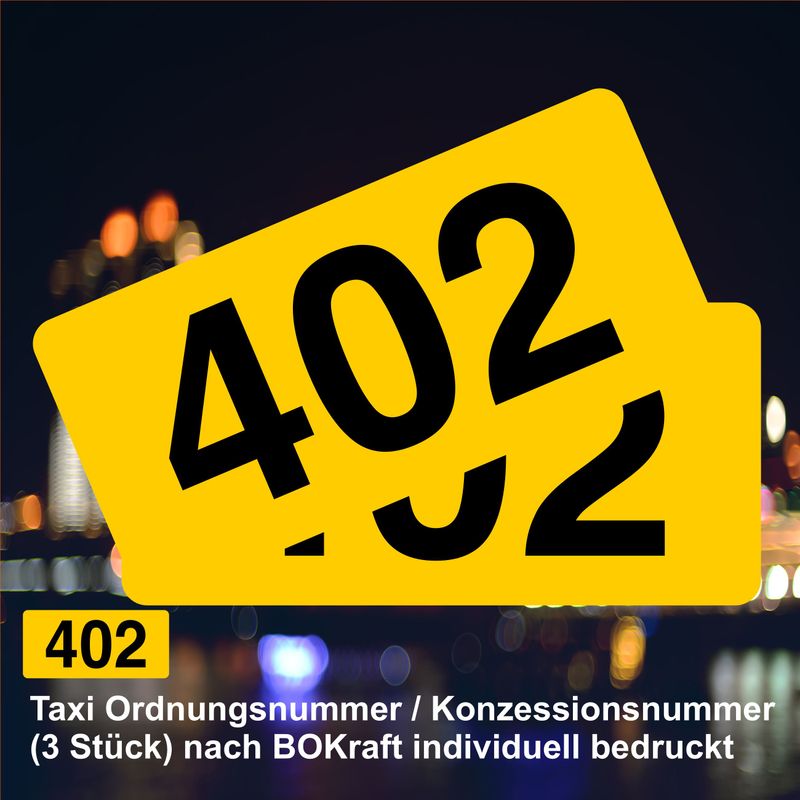 Taxi Ordnungsnummer / Konzessionsnummer (3 Stück) nach BOKraft individuell bedruckt Premiumqualität - Aufkleber