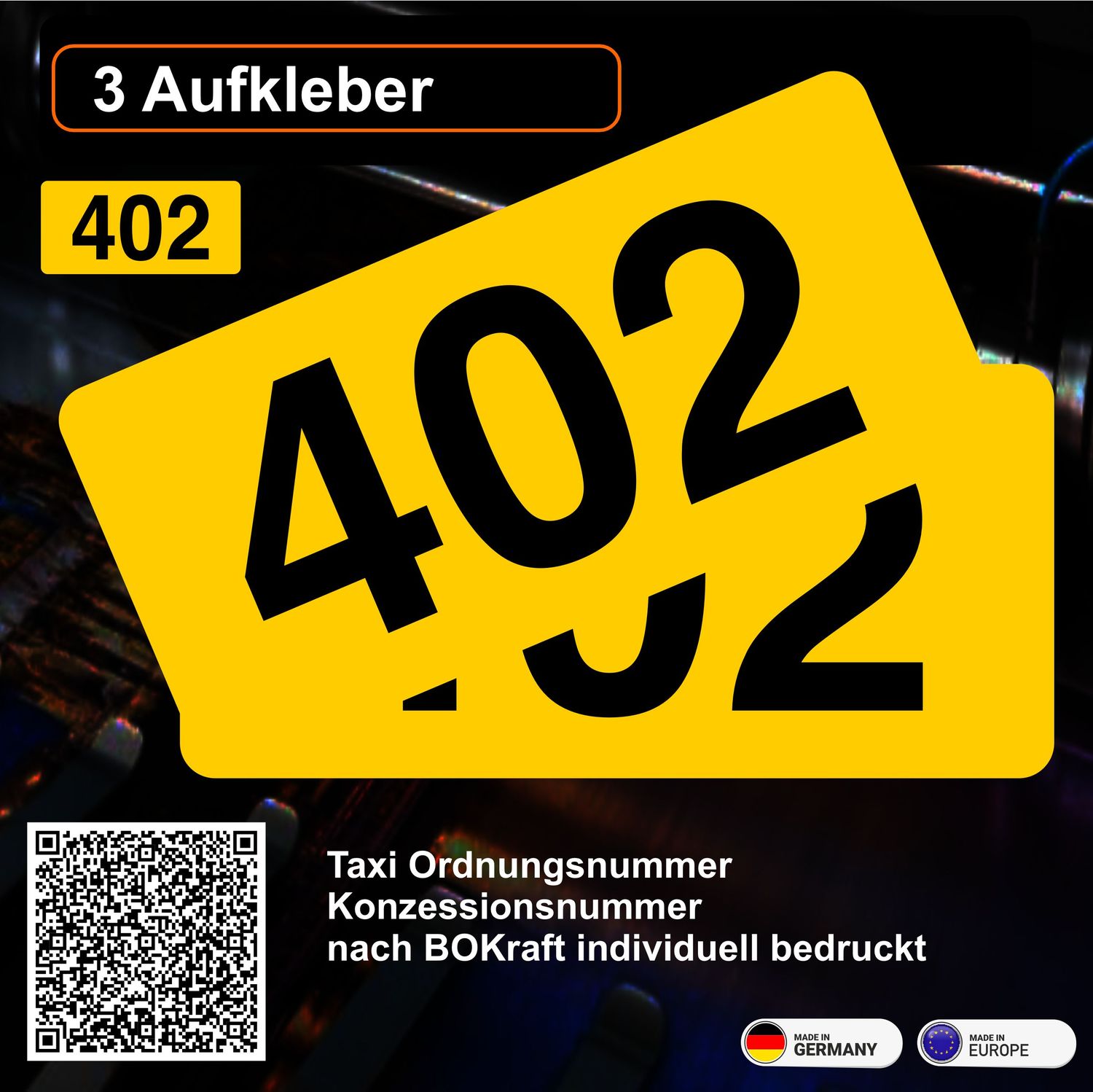 Taxi Ordnungsnummer / Konzessionsnummer (3 Stück) nach BOKraft individuell bedruckt Premiumqualität - Aufkleber Taxi Ordnungsnummer / Konzessionsnummer (3 Stück) nach BOKraft individuell bedruckt Premiumqualität - Aufkleber