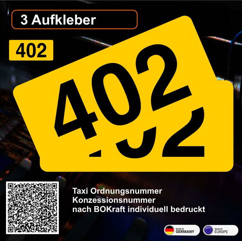 Taxi Ordnungsnummer / Konzessionsnummer (3 Stück) nach BOKraft individuell bedruckt Premiumqualität - Aufkleber Taxi Ordnungsnummer / Konzessionsnummer (3 Stück) nach BOKraft individuell bedruckt Premiumqualität - Aufkleber