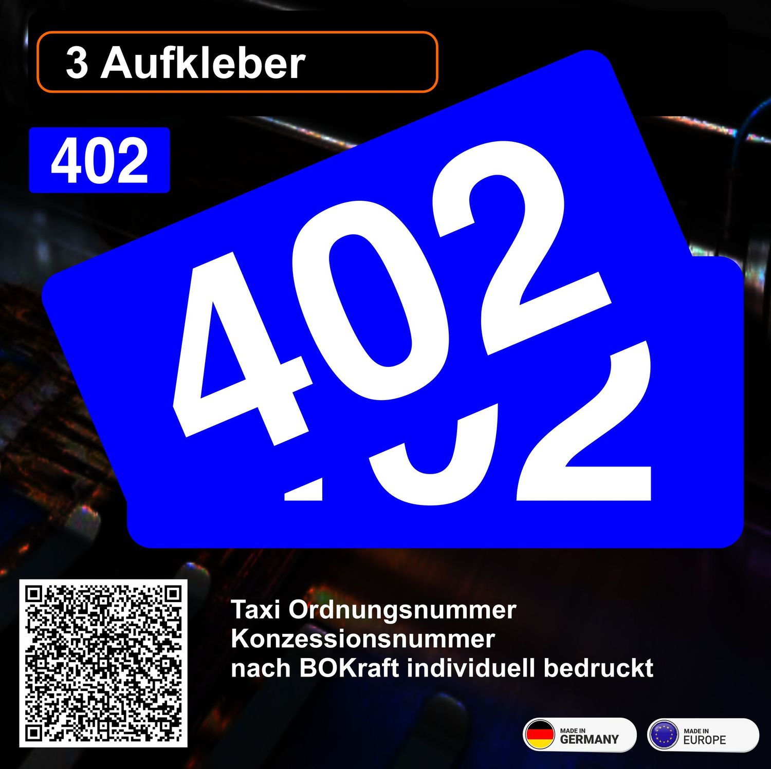 Mietwagen Ordnungsnummer / Konzessionsnummer (3 Stück) nach BOKraft individuell bedruckt Premiumqualität - Aufkleber Mietwagen Ordnungsnummer / Konzessionsnummer (3 Stück) nach BOKraft individuell bedruckt Premiumqualität - Aufkleber