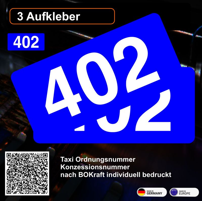 Mietwagen Ordnungsnummer / Konzessionsnummer (3 Stück) nach BOKraft individuell bedruckt Premiumqualität - Aufkleber Mietwagen Ordnungsnummer / Konzessionsnummer (3 Stück) nach BOKraft individuell bedruckt Premiumqualität - Aufkleber