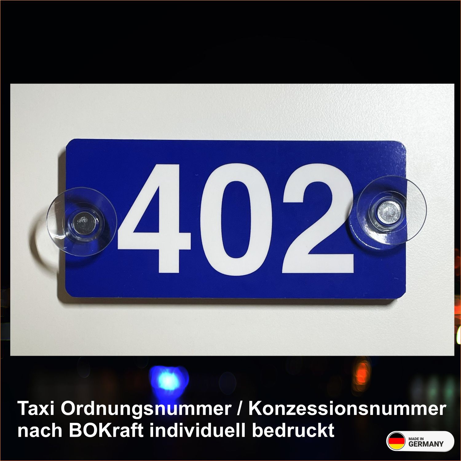 Mietwagen Ordnungsnummer / Konzessionsnummer nach BOKraft individuell bedruckt, Schild mit Saugnapf