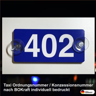 Mietwagen Ordnungsnummer / Konzessionsnummer nach BOKraft individuell bedruckt, Schild mit Saugnapf Mietwagen Ordnungsnummer / Konzessionsnummer nach BOKraft individuell bedruckt, Schild mit Saugnapf