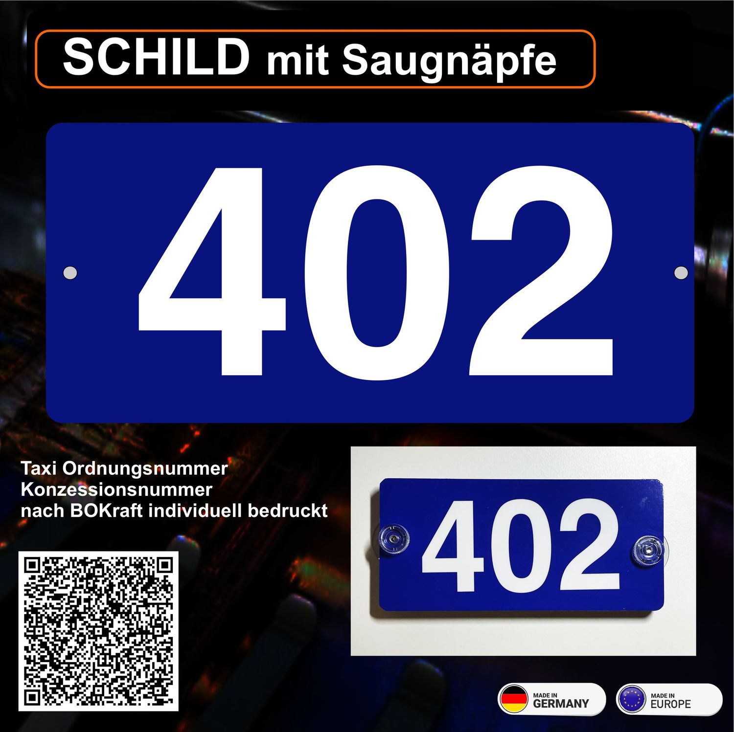 Mietwagen Ordnungsnummer / Konzessionsnummer nach BOKraft individuell bedruckt, Schild mit Saugnapf