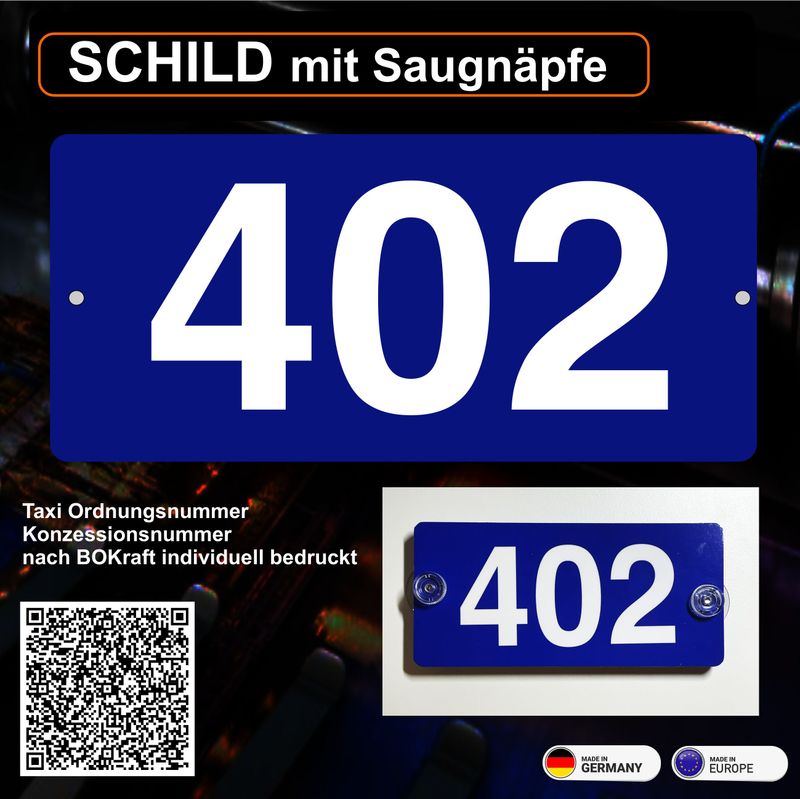 Mietwagen Ordnungsnummer / Konzessionsnummer nach BOKraft individuell bedruckt, Schild mit Saugnapf Mietwagen Ordnungsnummer / Konzessionsnummer nach BOKraft individuell bedruckt, Schild mit Saugnapf