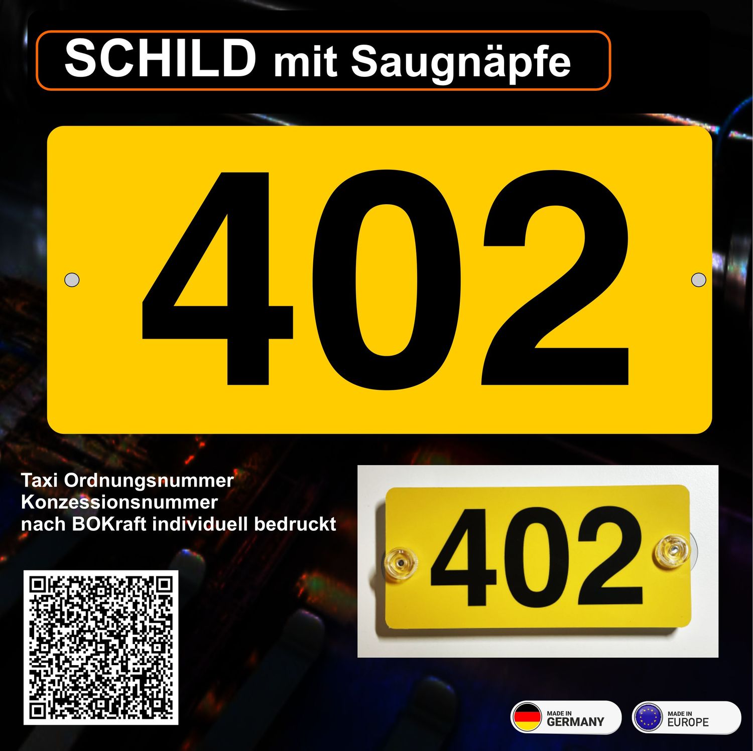 Taxi Ordnungsnummer / Konzessionsnummer nach BOKraft individuell bedruckt, Schild mit Saugnapf