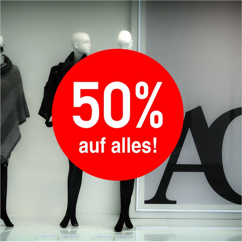 50 Prozent auf alles - Schaufensterbeschriftung Rund 50 Prozent auf alles - Schaufensterbeschriftung Rund