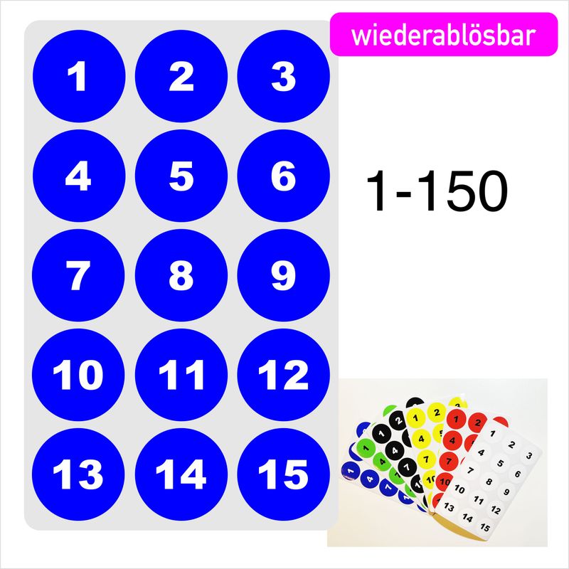 1-150 fortlaufende Nummer  Etiketten Rund  -  Folie wiederablösbar
