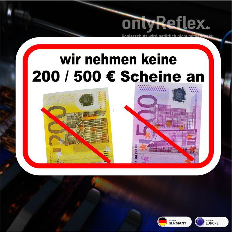 keine 200/500 € Scheine - Kassengeschäft 10x6 cm (2 Stück) - Aufkleber