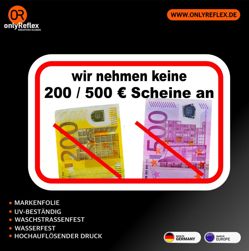 keine 200/500 € Scheine - Kassengeschäft 10x6 cm - 1 Aufkleber keine 200/500 € Scheine - Kassengeschäft 10x6 cm - 1 Aufkleber