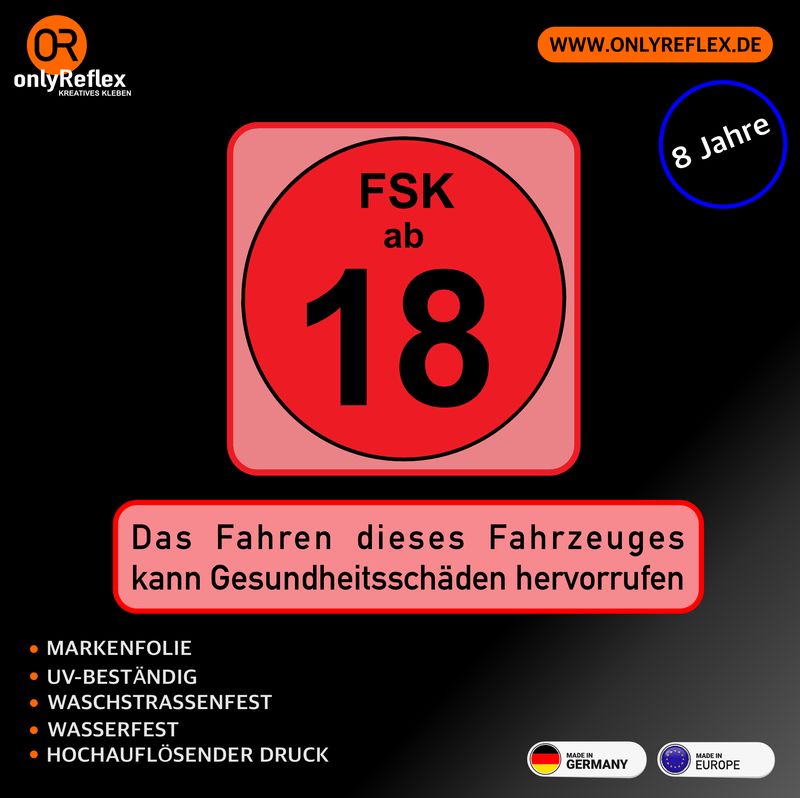 FSK ab 18 Das Fahren dieses Fahrzeuges kann Gesundheitsschäden hervorrufen - Aufkleber 10x9 cm FSK ab 18 Das Fahren dieses Fahrzeuges kann Gesundheitsschäden hervorrufen - Aufkleber 10x9 cm