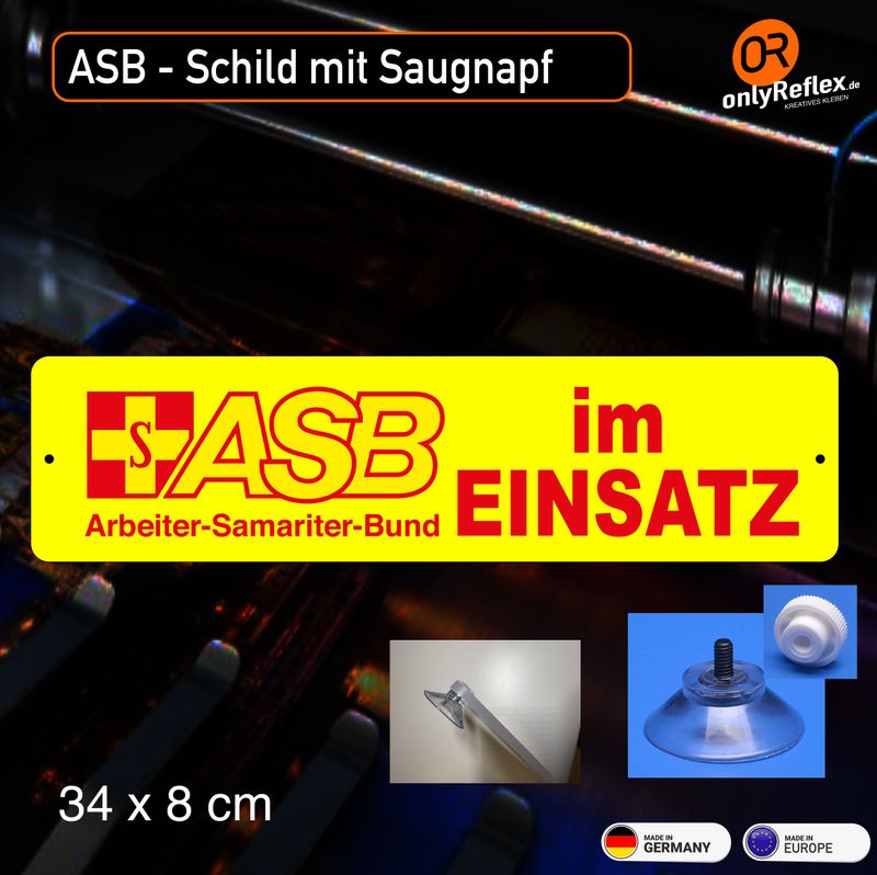 ASB im Einsatz - Schild mit Saugnapf, 34x8 cm ASB im Einsatz - Schild mit Saugnapf, 34x8 cm