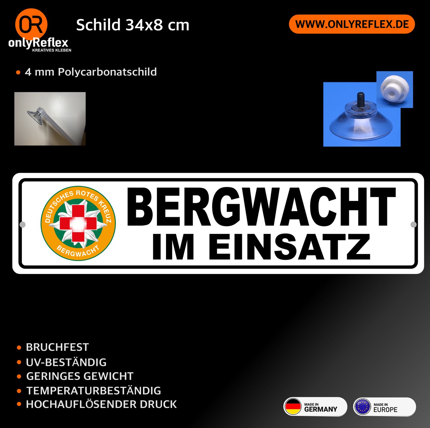 Bergwacht Deutschland Schild mit Saugnapf- 34x8 cm Bergwacht Deutschland Schild mit Saugnapf- 34x8 cm