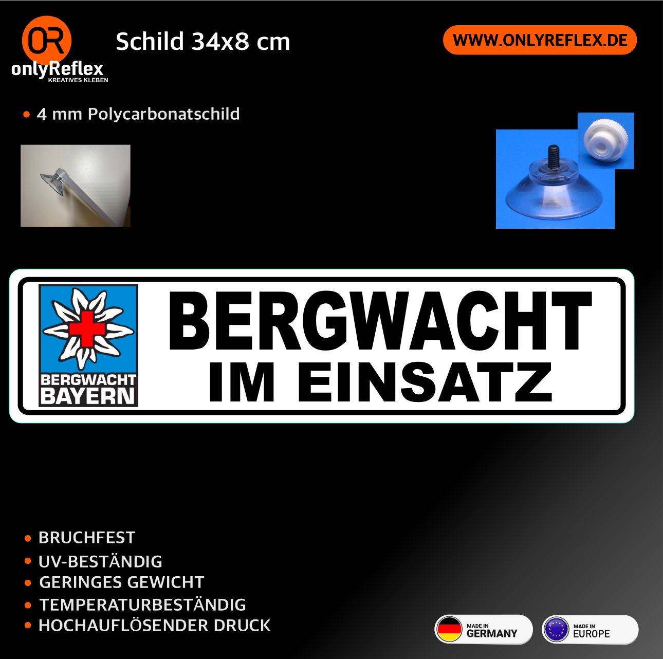 Bergwacht Bayern Schild mit Saugnapf Rechteckig- ca.34x8 cm Bergwacht Bayern Schild mit Saugnapf Rechteckig- ca.34x8 cm