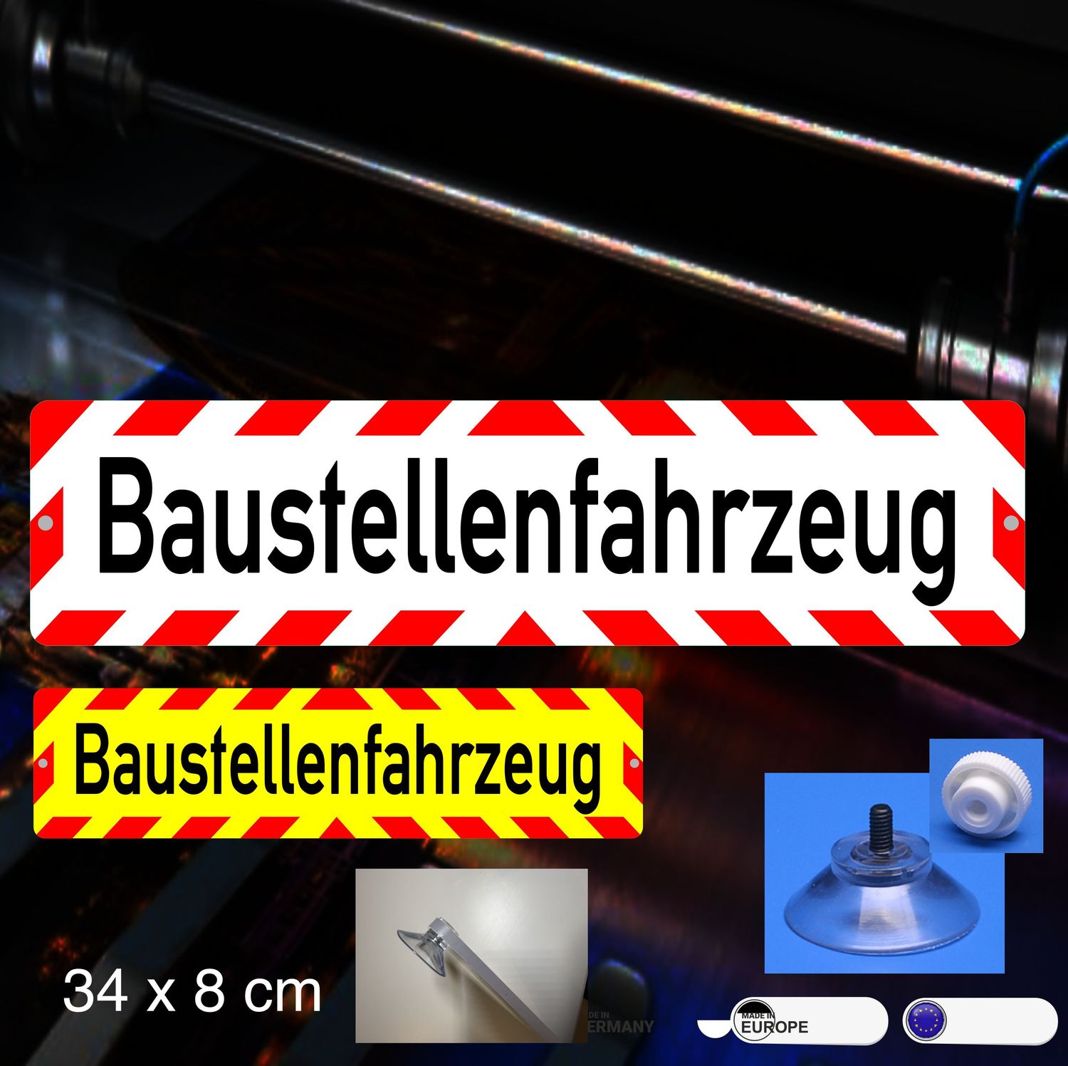 Baustellenfahrzeug - Schild mit Saugnapf, 34x8 cm Baustellenfahrzeug - Schild mit Saugnapf, 34x8 cm