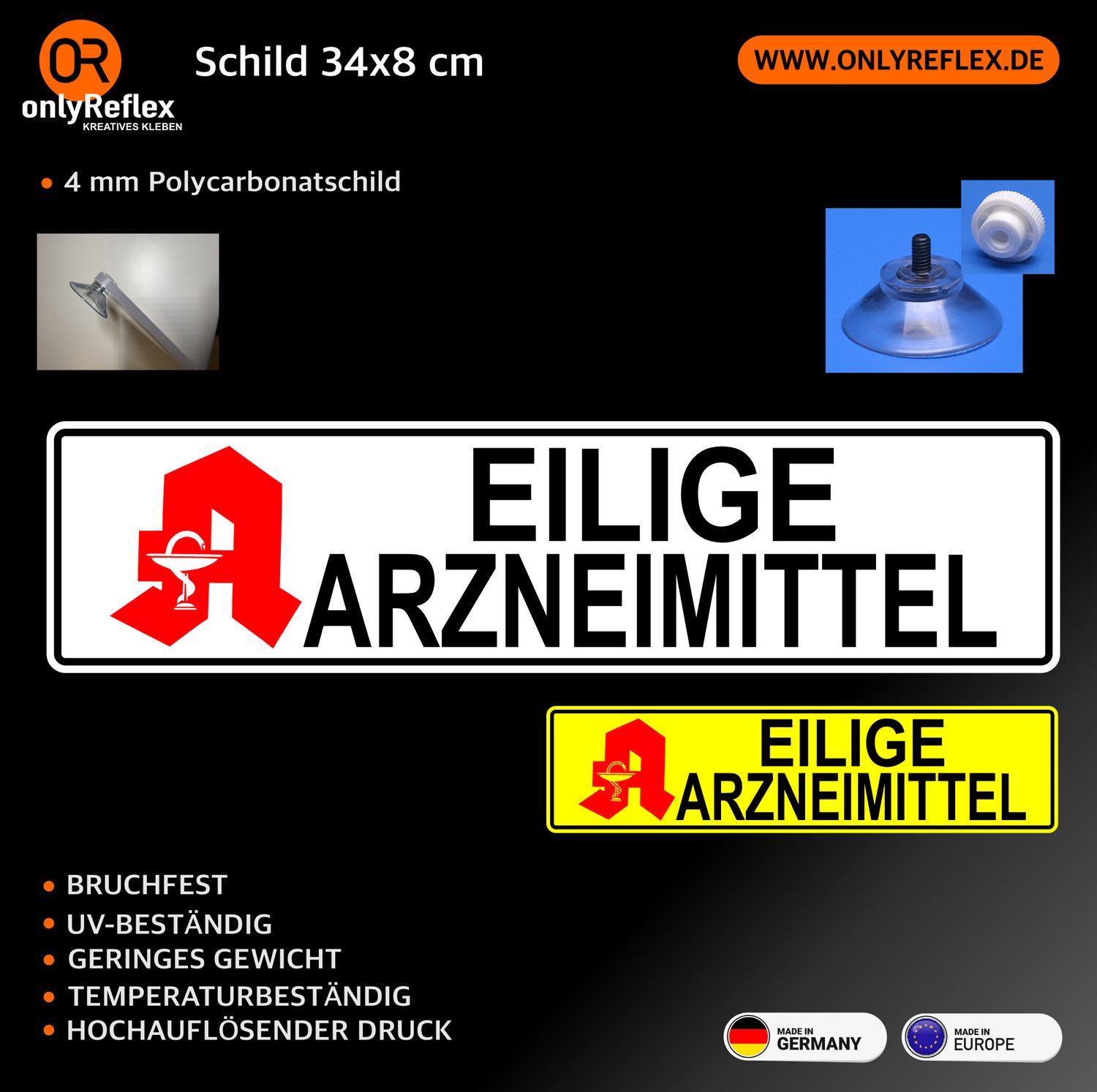 Eilige Arzneimittel - Schild mit Saugnapf, 34x10 cm Eilige Arzneimittel - Schild mit Saugnapf, 34x10 cm
