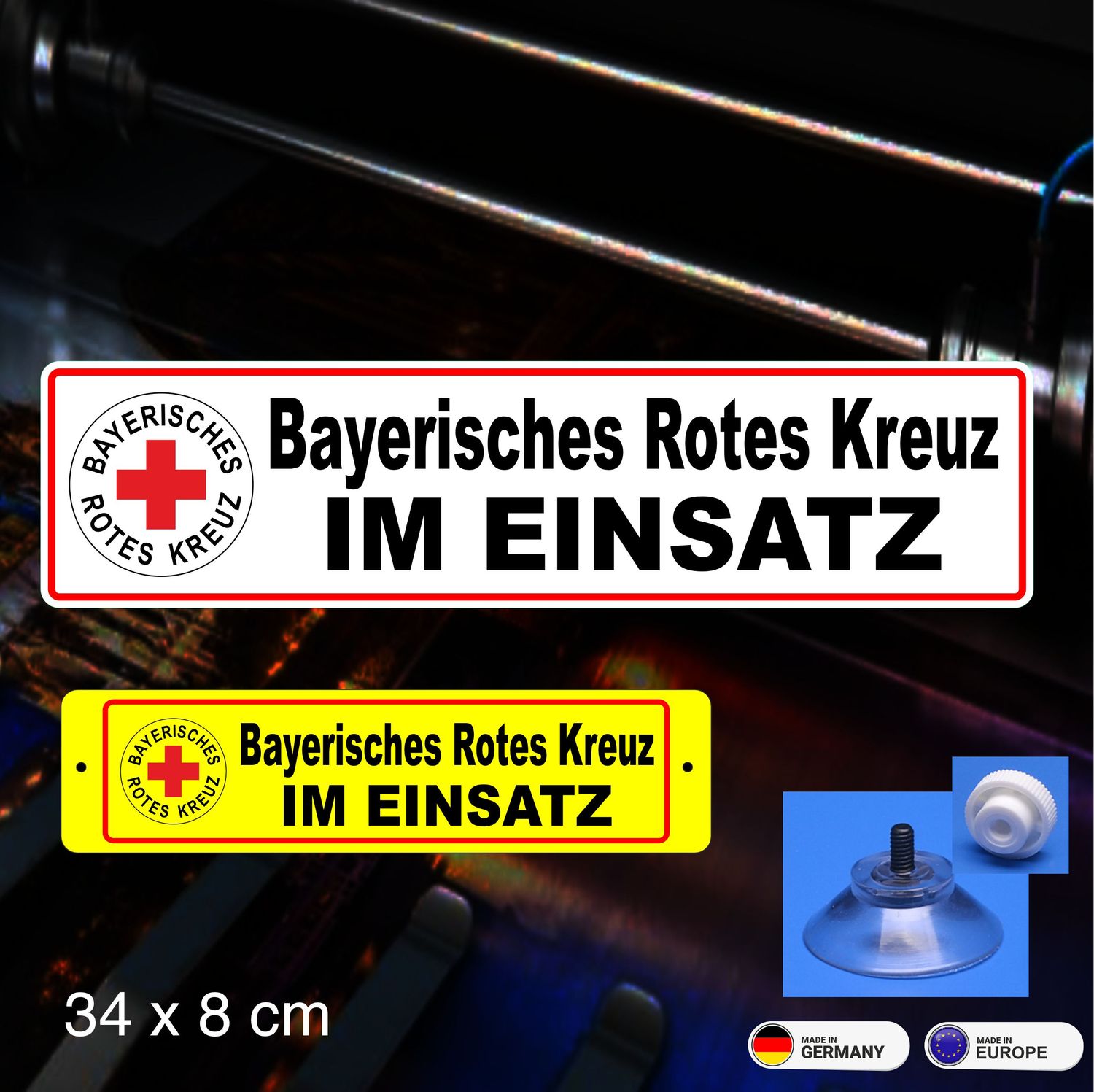 Bayerisches Rotes Kreuz - Schild mit Saugnapf, 34x8 cm