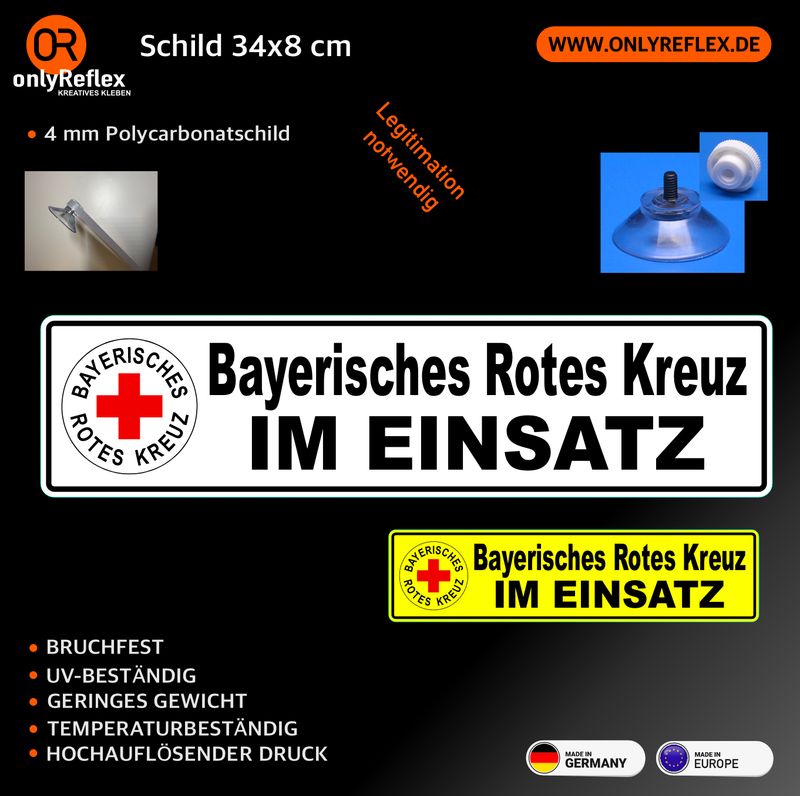 Bayerisches Rotes Kreuz - Schild mit Saugnapf, 34x8 cm Bayerisches Rotes Kreuz - Schild mit Saugnapf, 34x8 cm