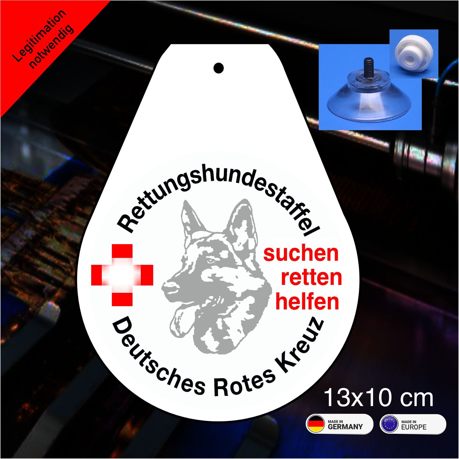 Rettungshundestaffel  Wappen, Schild mit Saugnapf 13x10 cm