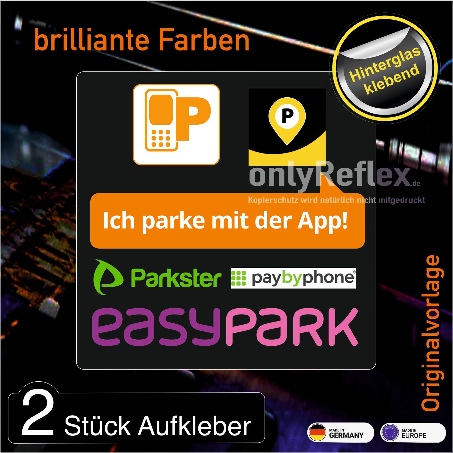 Parken mit App - easypark Parkster paybyphone yellowbrickusw.   Aufkleber (2 Stück) - Hinterglasklebend 7,5 x 7,5 cm