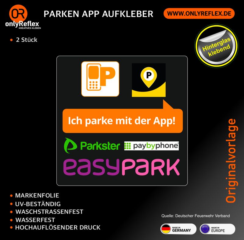 Parken mit App - easypark Parkster paybyphone yellowbrick usw. Aufkleber (2 Stück) - Hinterglasklebend 7,5 x 7,5 cm Parken mit App - easypark Parkster paybyphone yellowbrick usw. Aufkleber (2 Stück) - Hinterglasklebend 7,5 x 7,5 cm