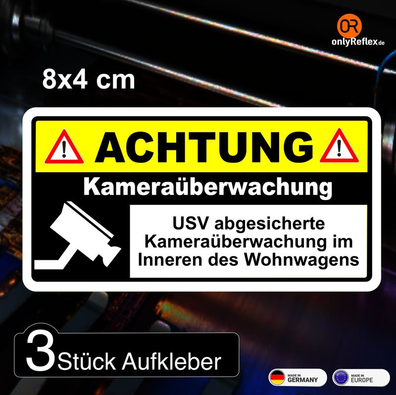 Achtung Kameraüberwachung Wohnwagen - Aufkleber (3 Stück 8 x 4 cm)