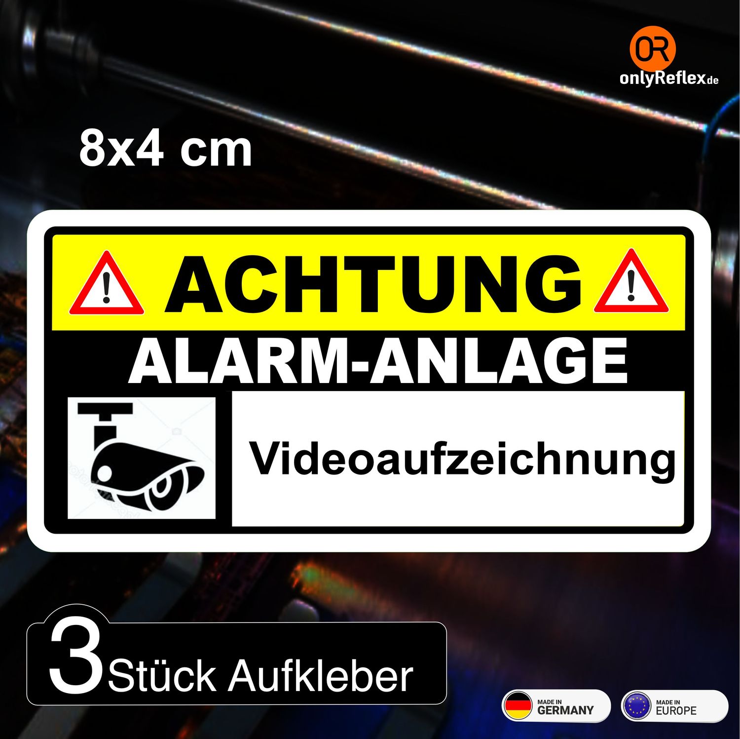Alarmanlage  Videoaufzeichnung  - Aufkleber (3 Stück 8 x 4 cm)